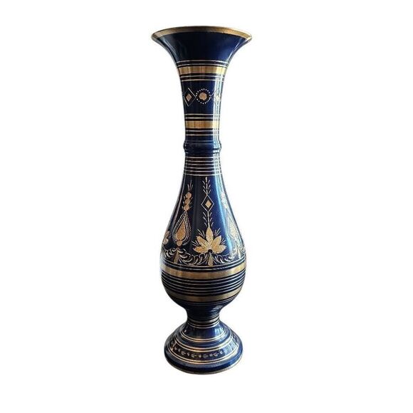 Vintage Brass Vase Damascene made in India Handcrafted Blue and Eteched Gold. Or - Picture 2 of 11